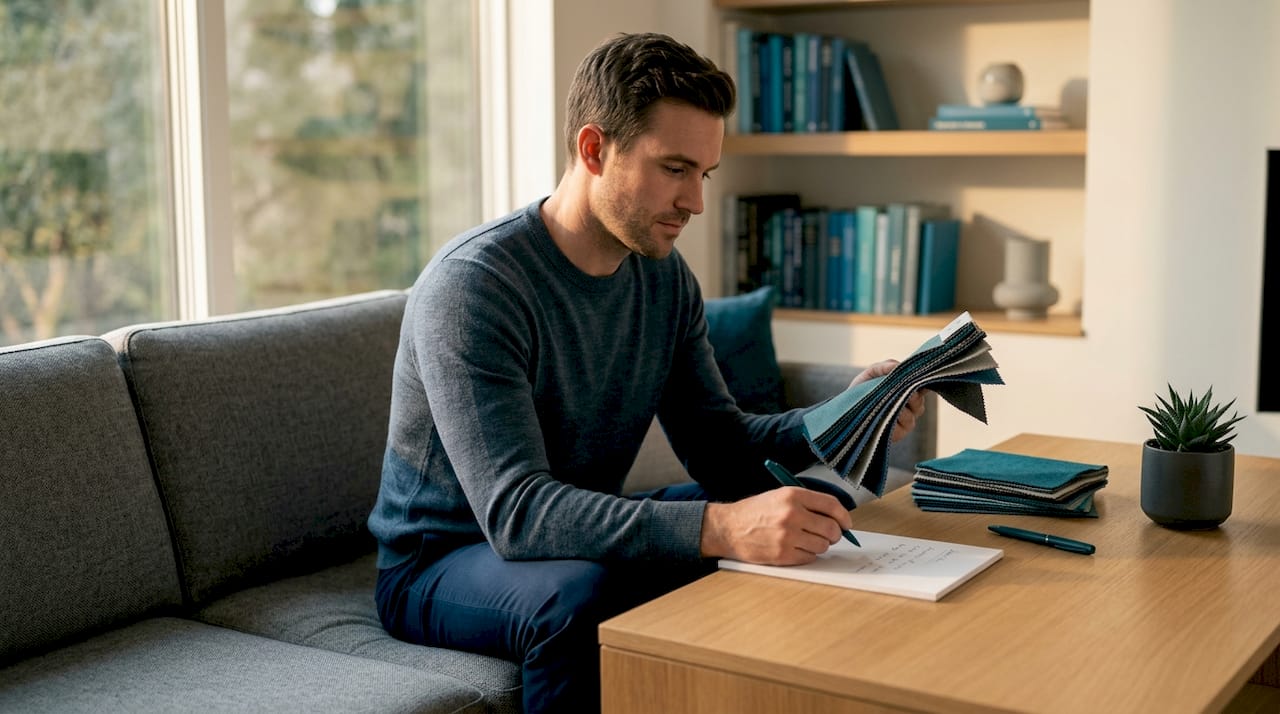 Man reviewing fabric swatches for upholstery