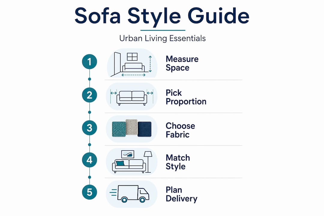 Infographic outlining sofa selection steps for urban homes