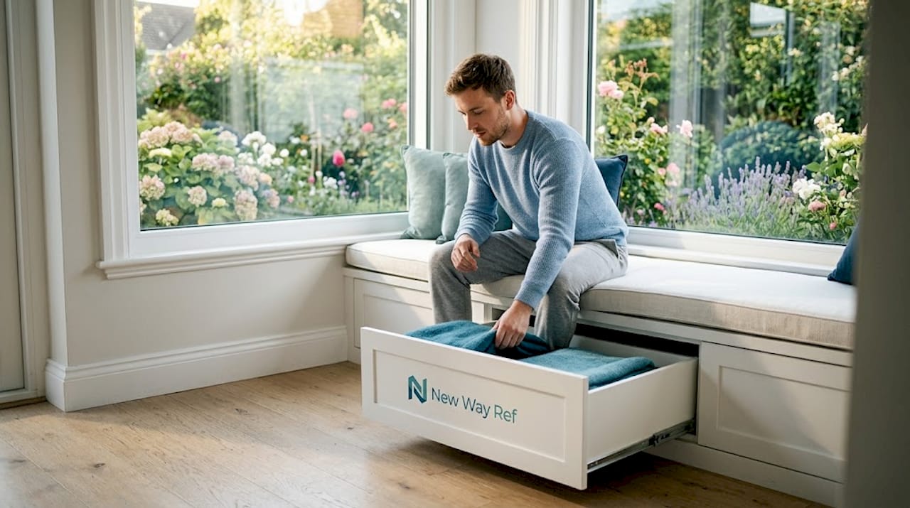 Man accessing storage under window seat