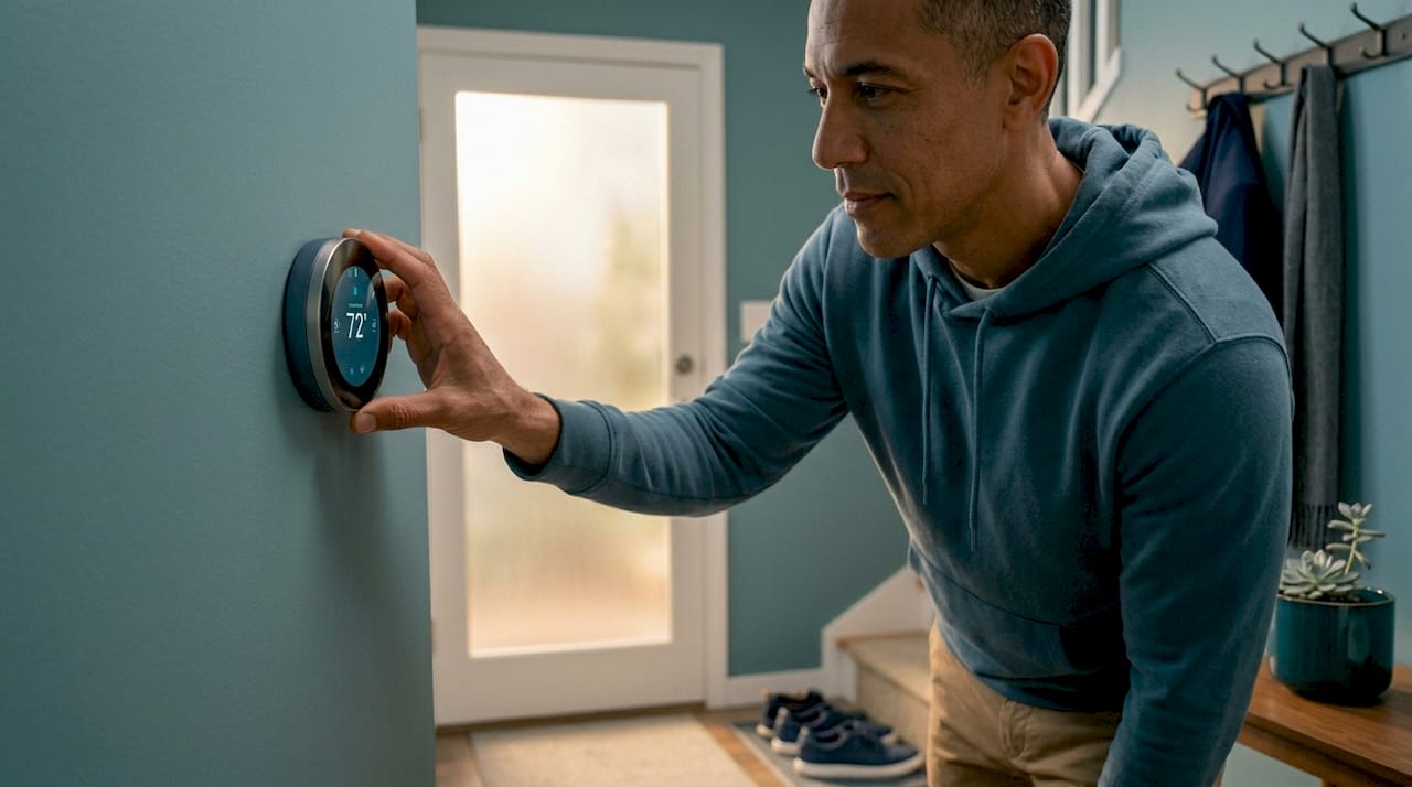 Person adjusts smart thermostat in hallway