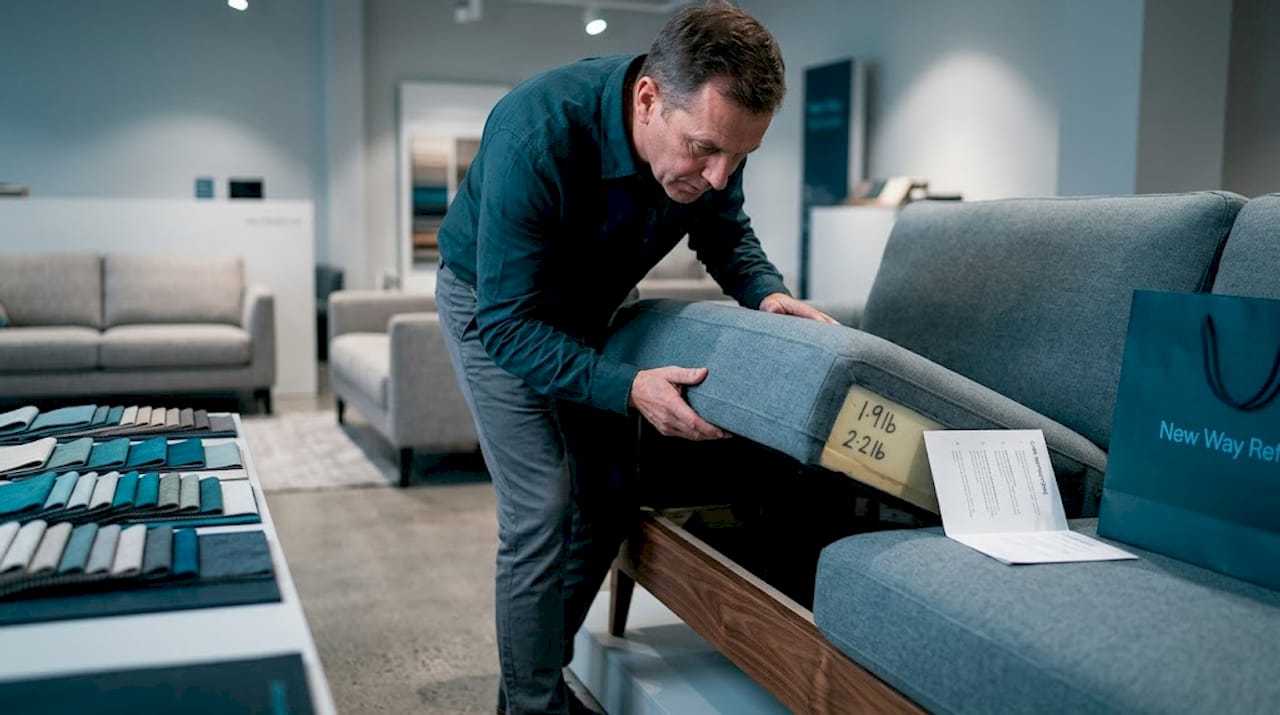 Man checks sofa frame and foam density