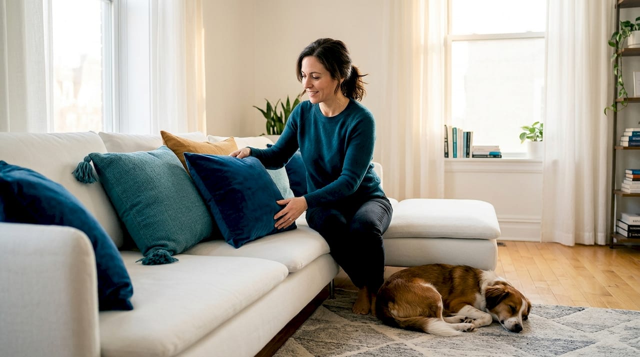Mixing cushion colors and textures on sofa