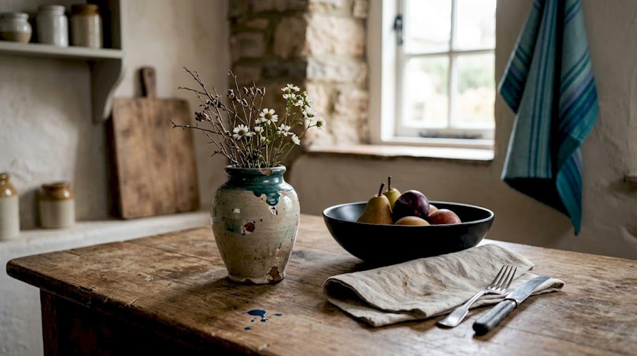 Old ceramic vase beside modern decor on table