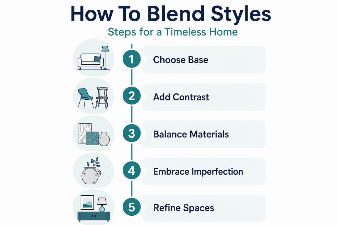 Infographic showing steps to blend old and new decor