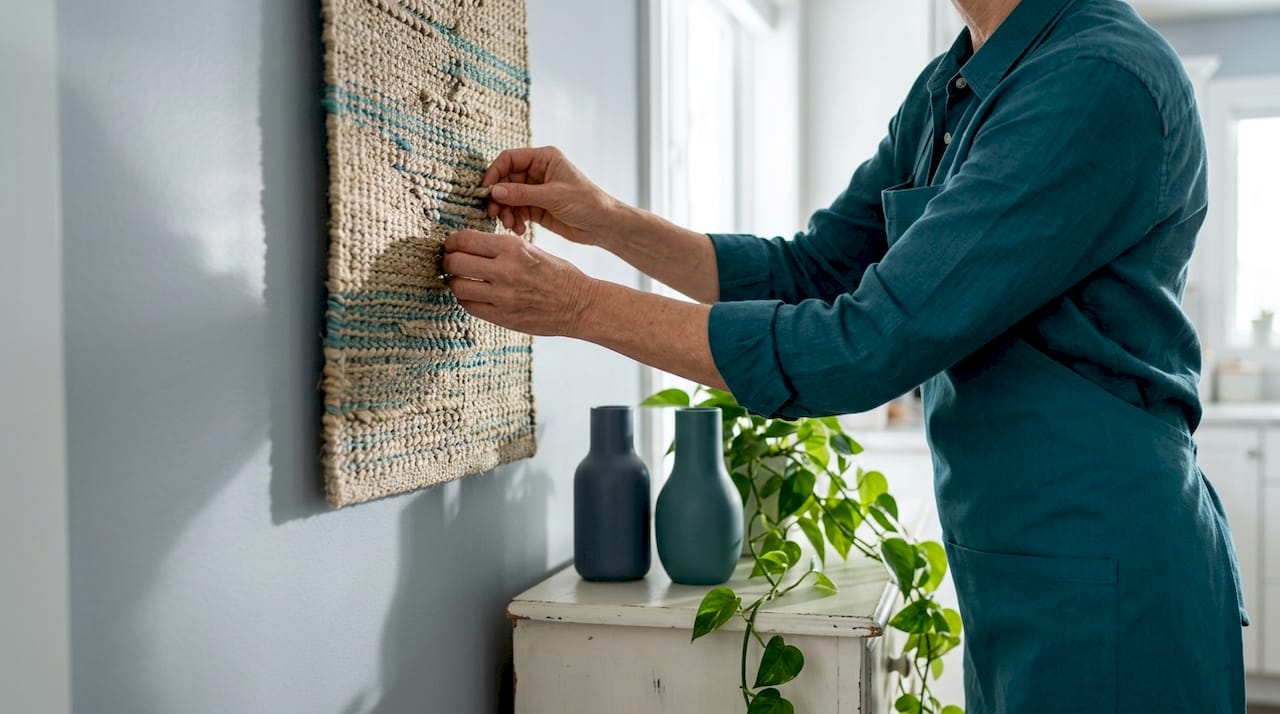 Hands adjusting textured wall art piece