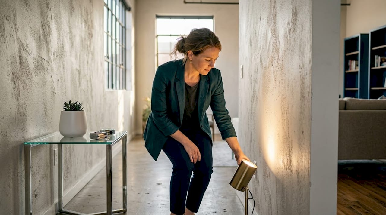 Designer adjusting accent lighting on textured wall