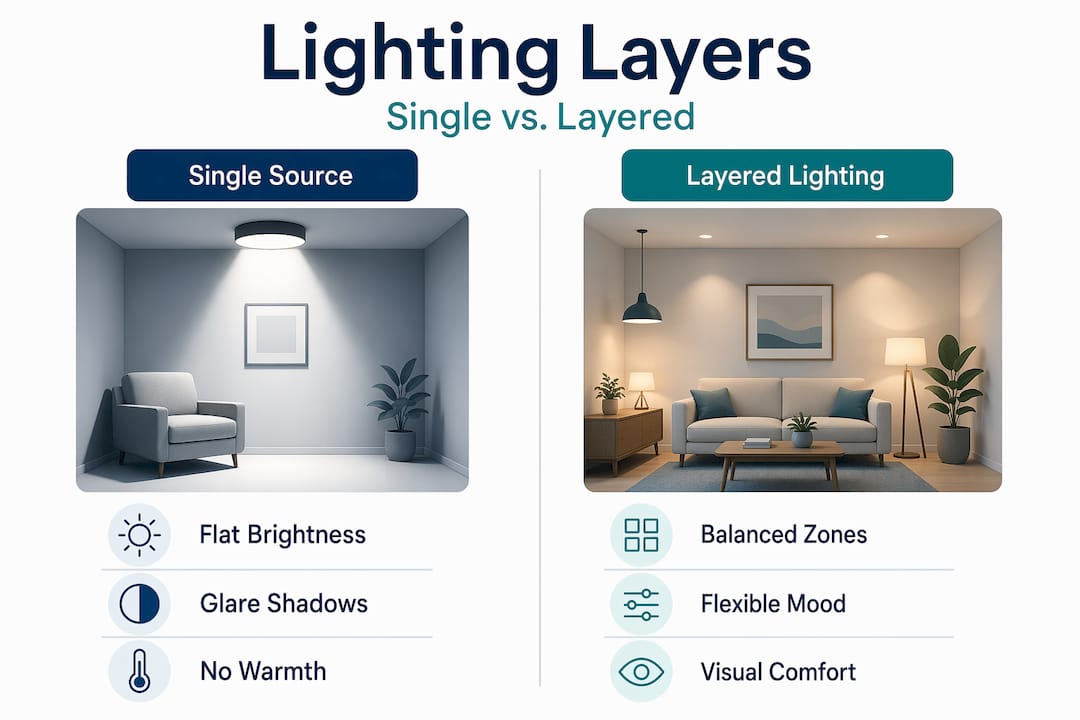 Infographic comparing single source and layered lighting