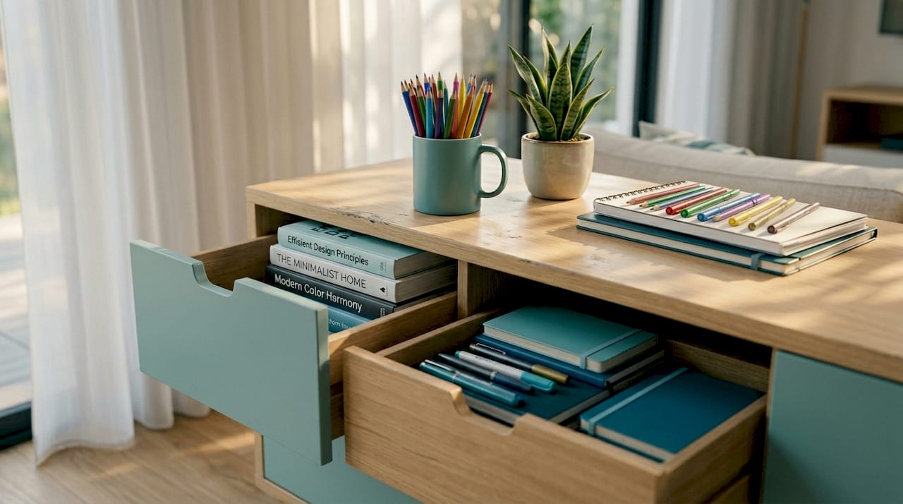 Contemporary storage unit with organized contents