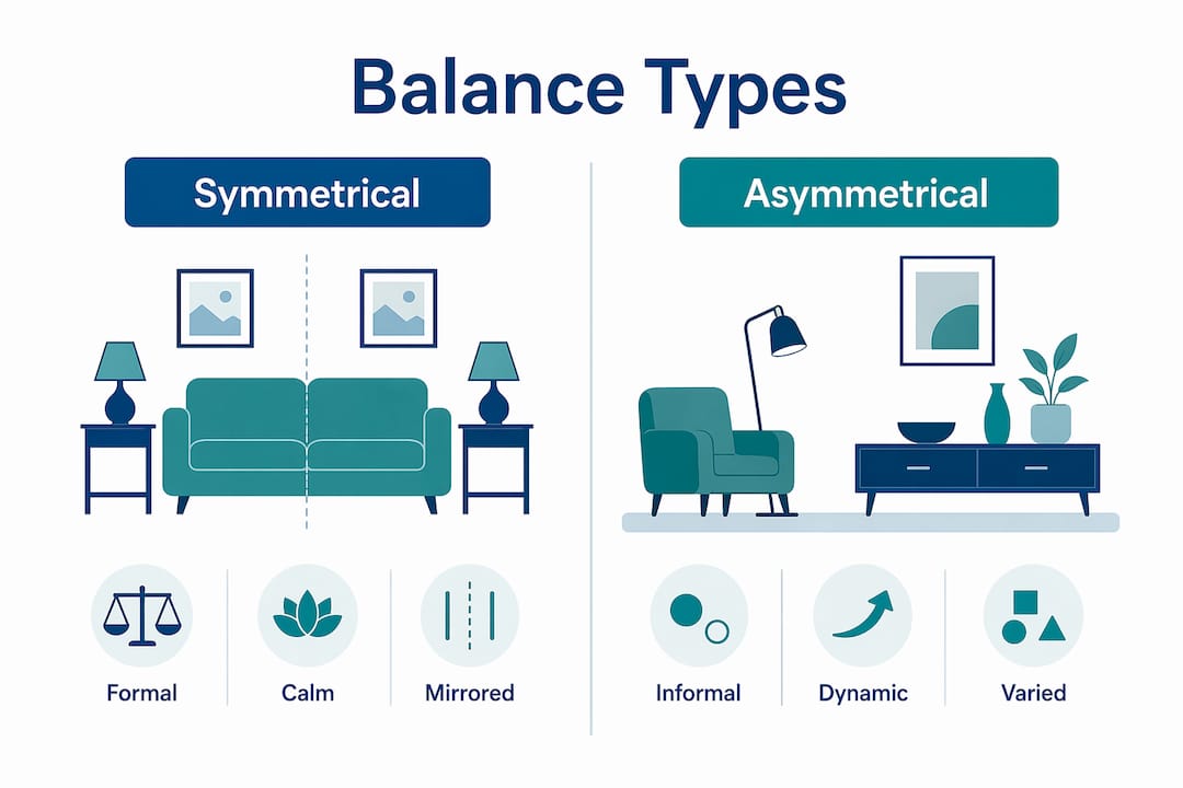 Infographic comparing symmetrical and asymmetrical balance