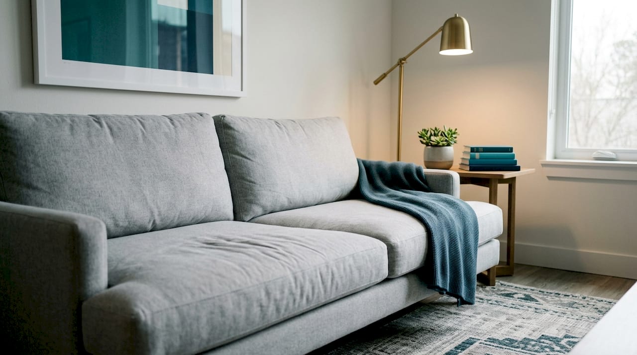 Neutral anchor sofa with decor accents
