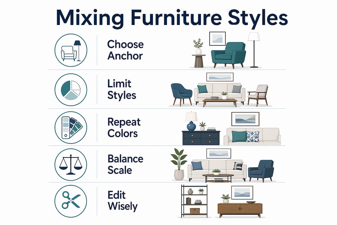 Infographic showing key steps for mixing furniture styles