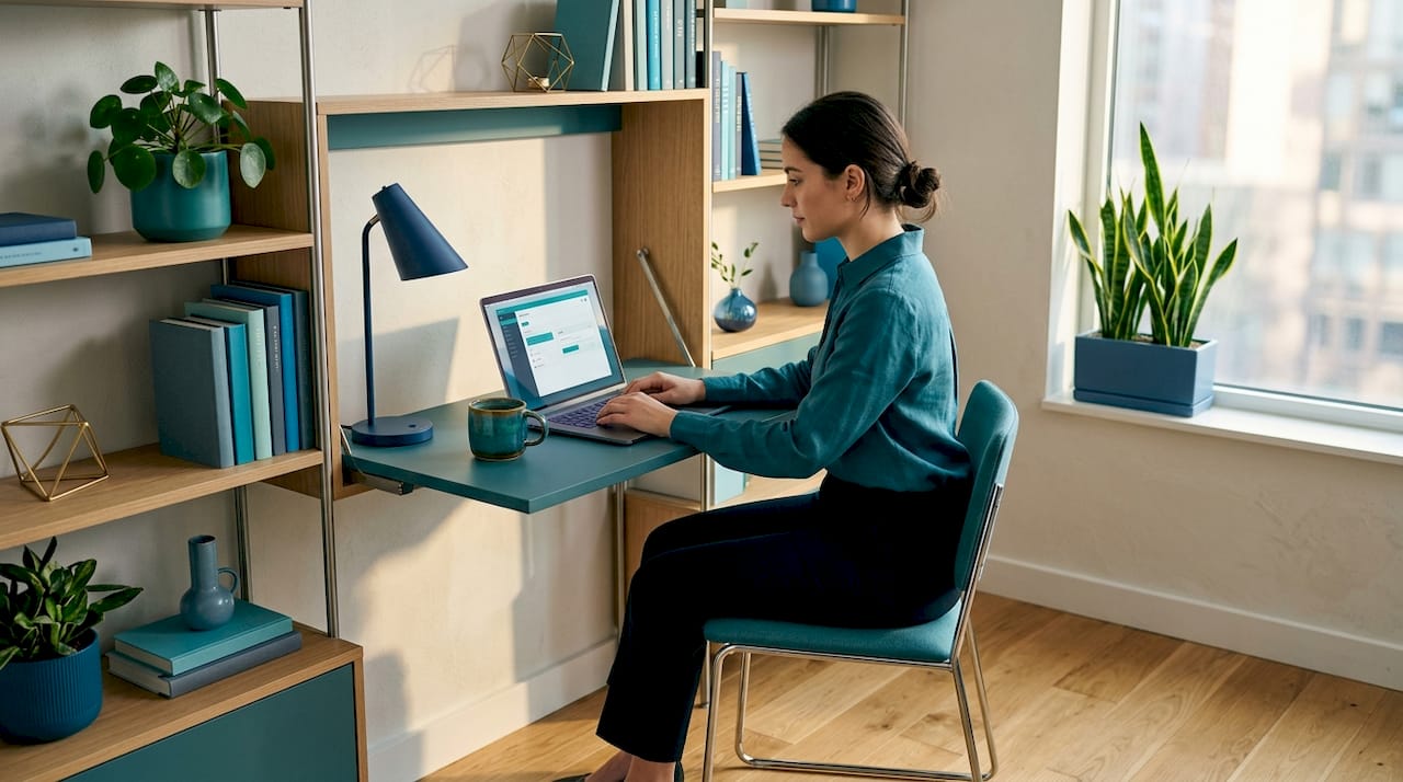 Woman using space-saving wall desk in apartment