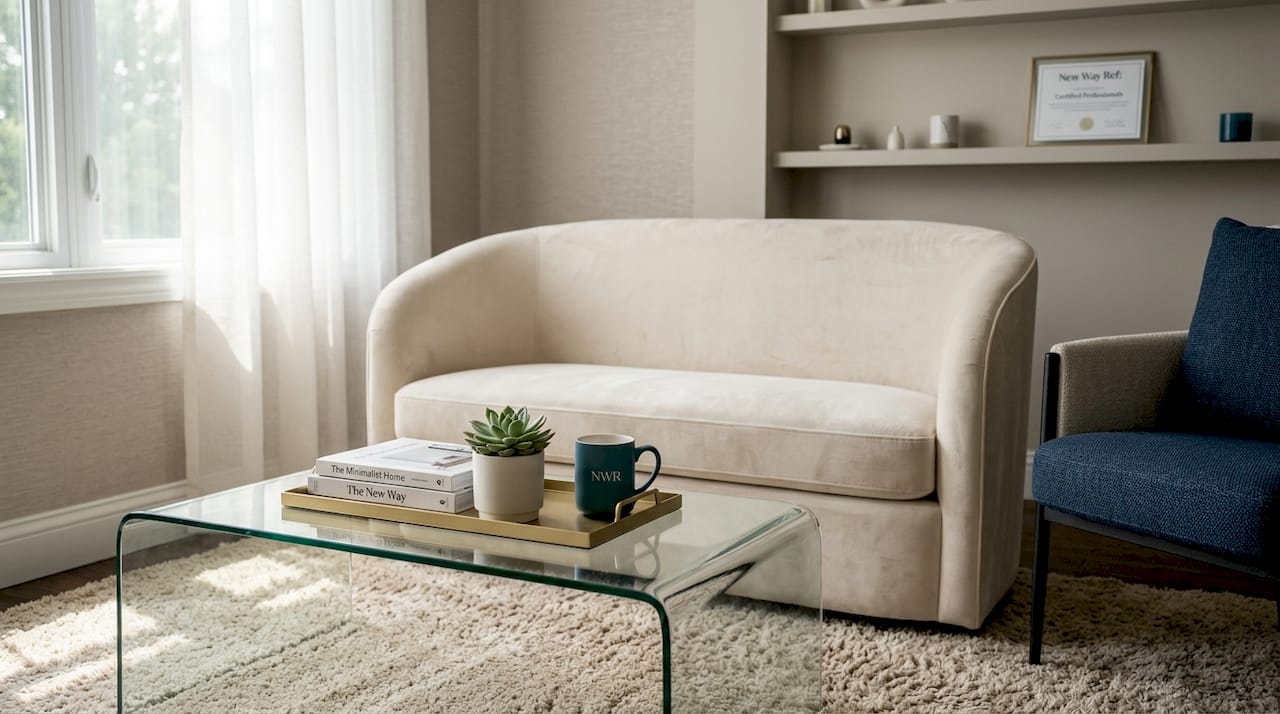 Living room with curved sofa and natural textures
