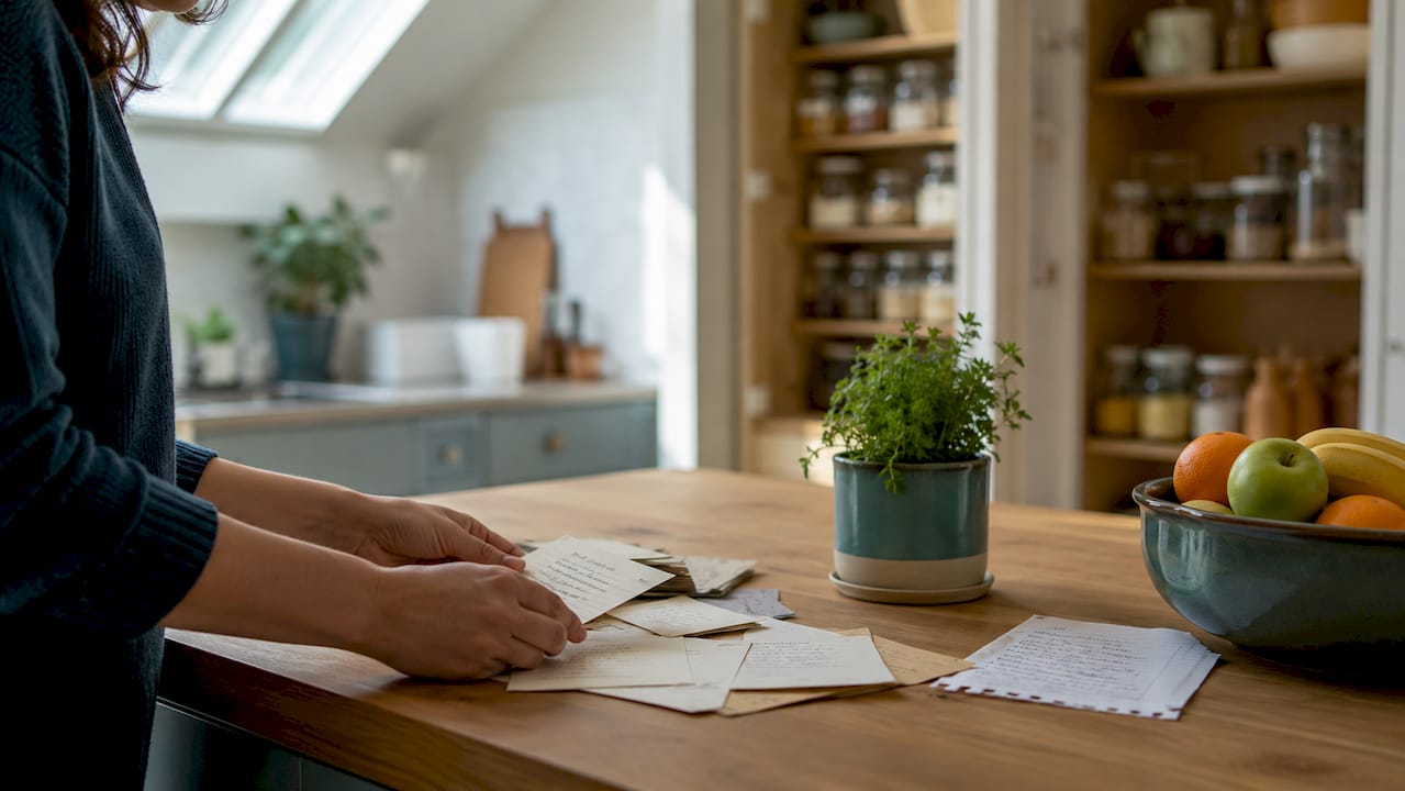 Hands sorting mail on kitchen table with storage furniture