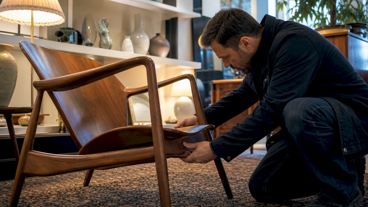 Hands inspecting mid-century modern chair craftsmanship
