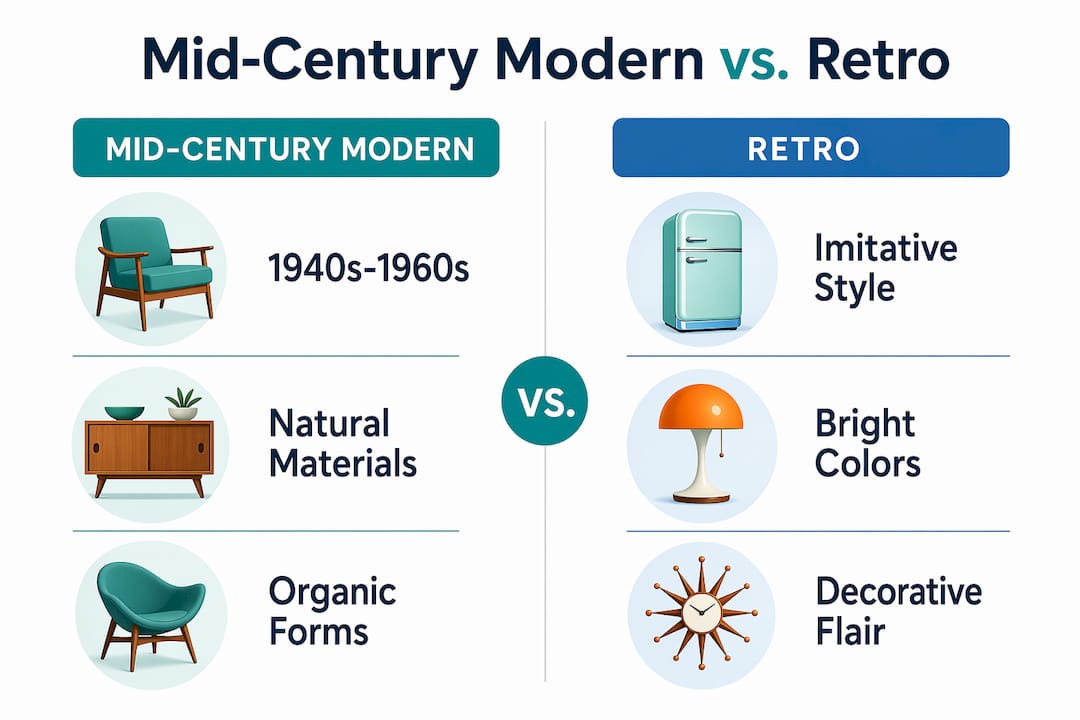 Infographic comparing mid-century modern and retro styles