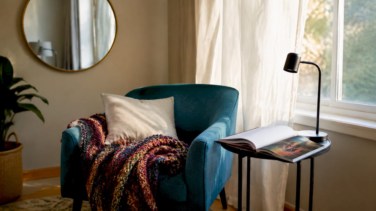 Overhead view of balanced transitional furniture setup