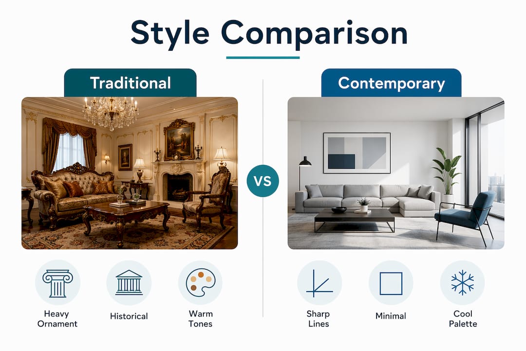 Infographic comparing traditional and contemporary design styles