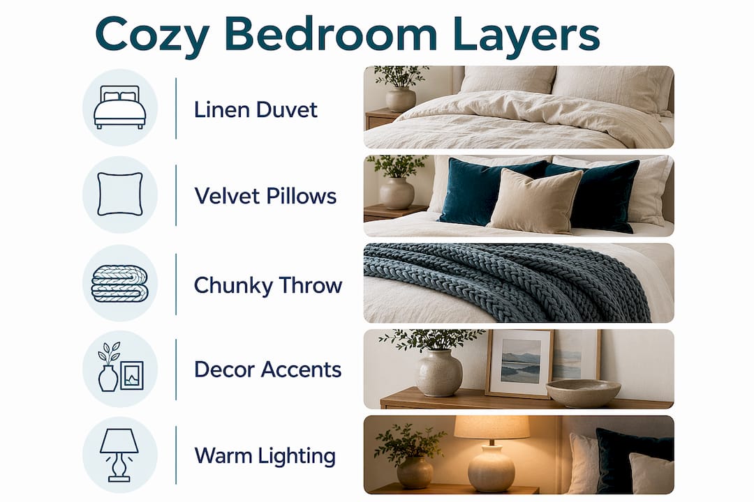 Infographic showing cozy bedroom layering steps