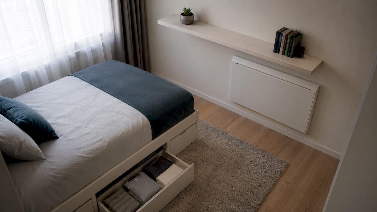 Small bedroom with multifunctional storage bed
