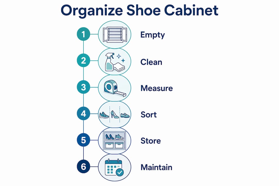 Infographic illustrating steps to organize shoe cabinet