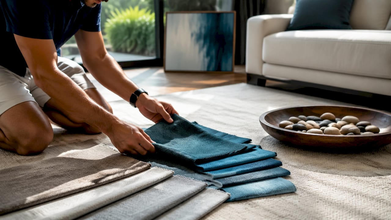 Hands browsing sofa fabric swatches on table