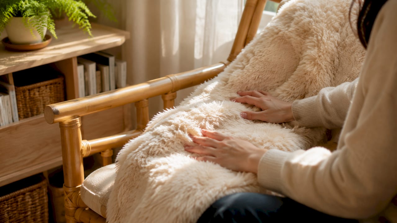 Close-up of soft textile and natural wood textures