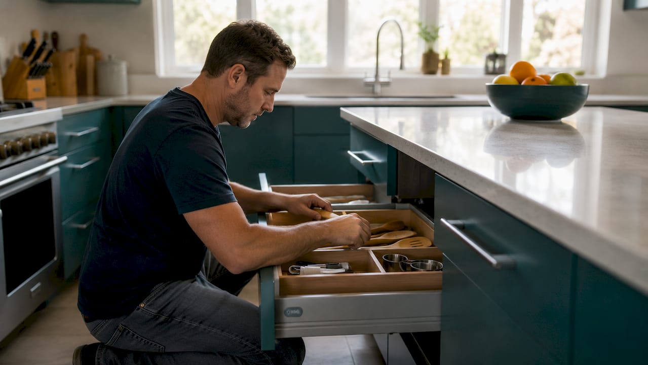 Hands organizing kitchen utensils in drawer