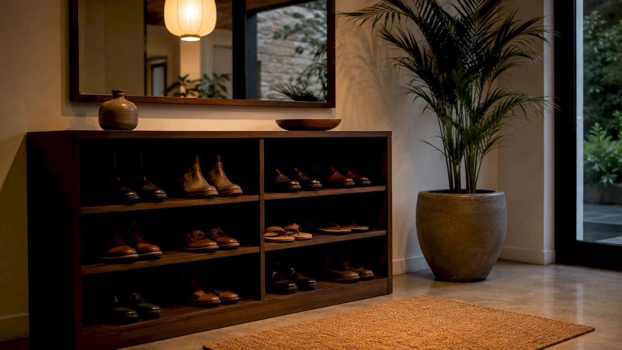 Open shoe cabinet compartments with organized shoes