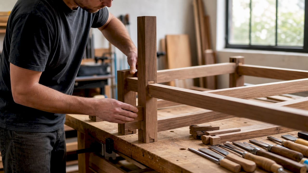 Hands assembling hardwood sofa frame