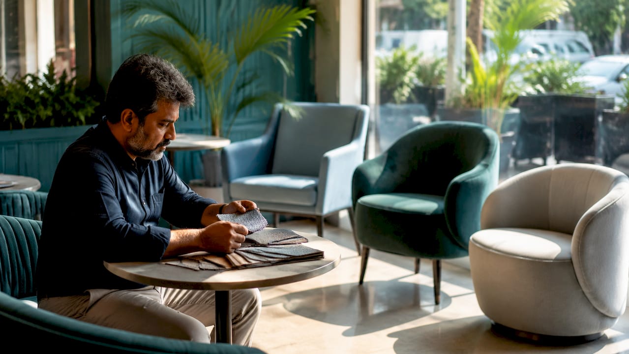 Man selecting accent chair fabric and style