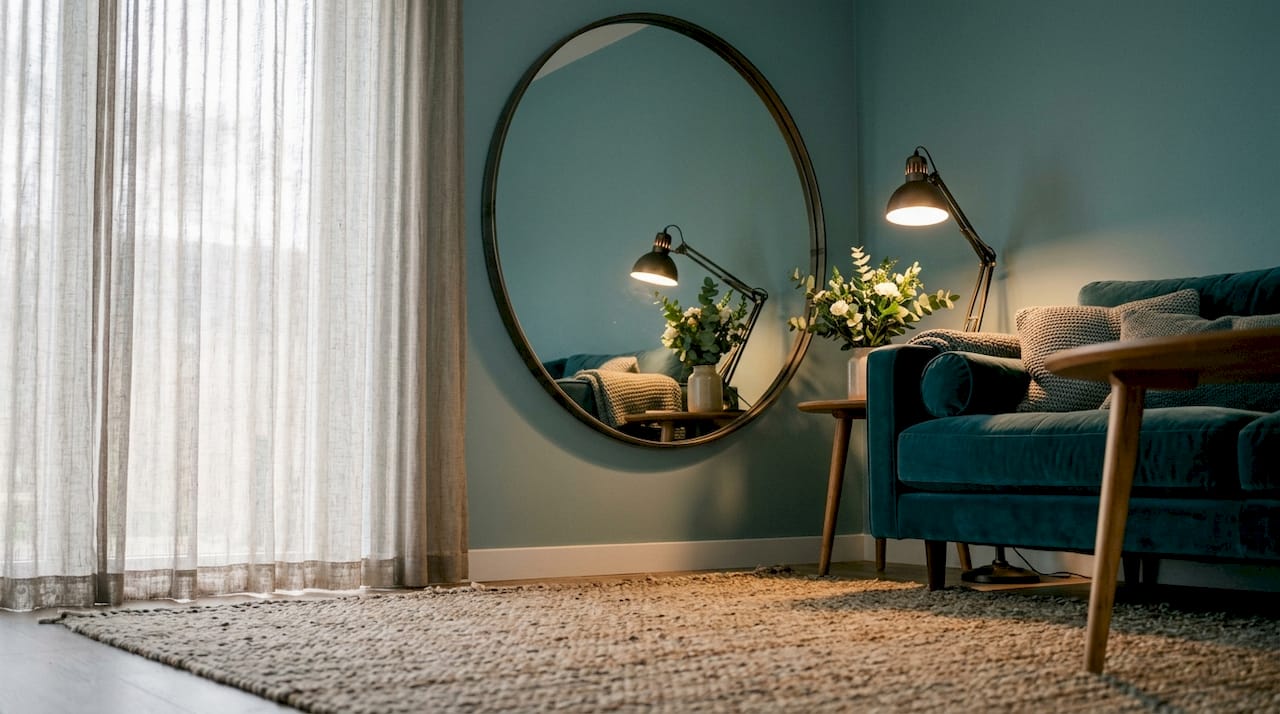 Round mirror reflecting chandelier light