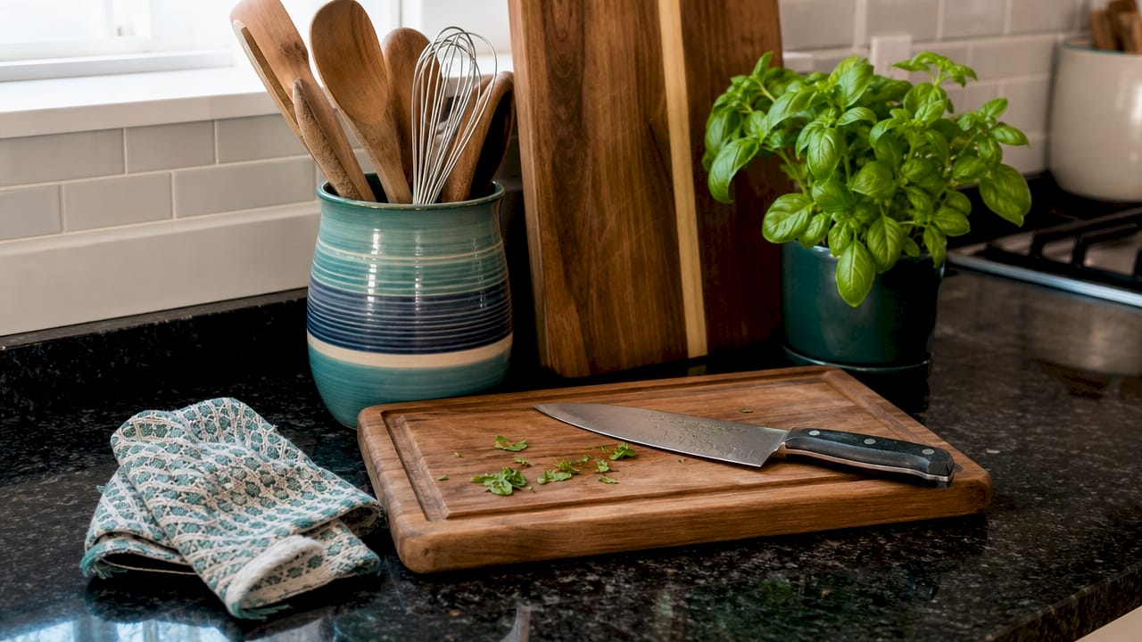 Organized kitchen gift items on countertop