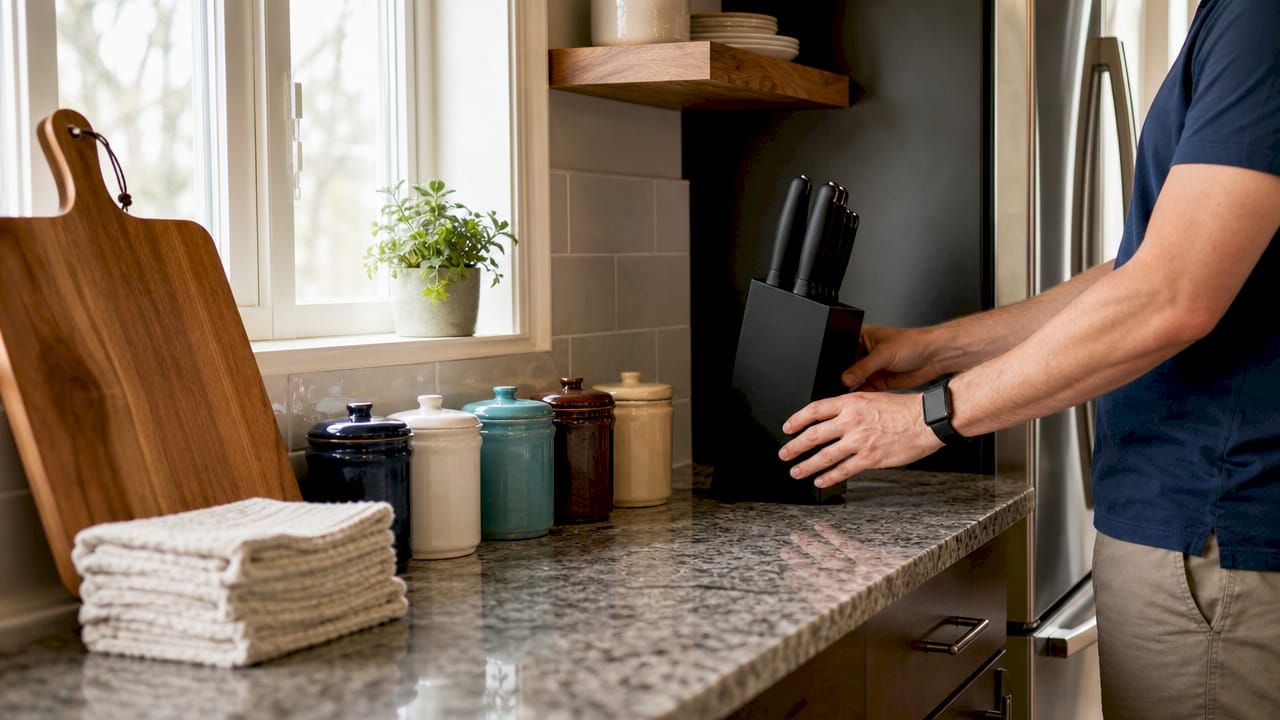 Overhead view of organized kitchen countertop