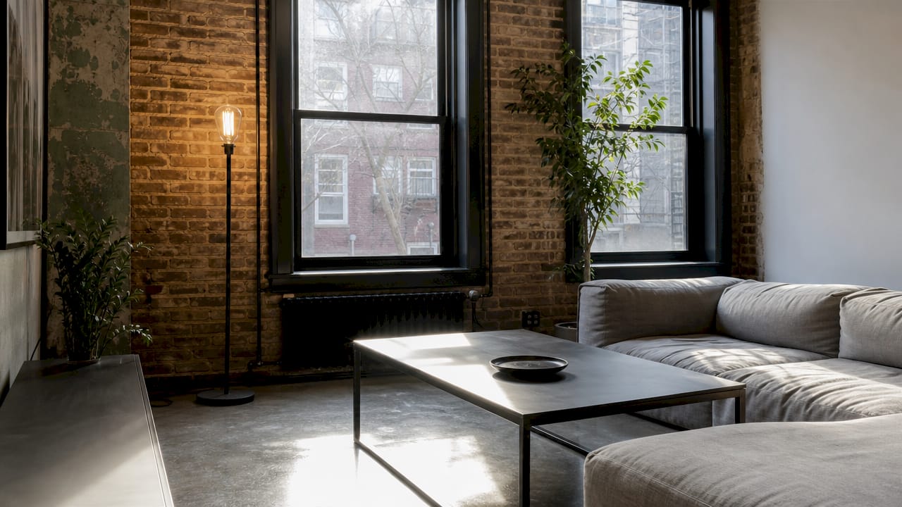 Historic brick wall and minimalist furniture contrast