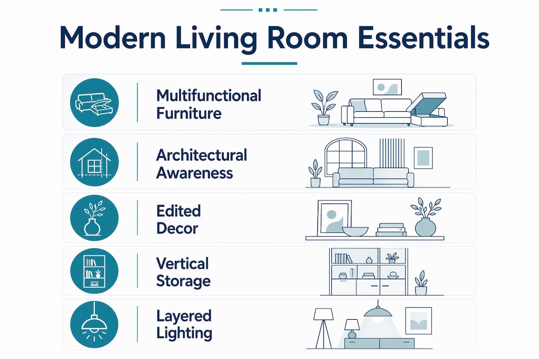 Infographic showing modern NYC living room essentials in steps
