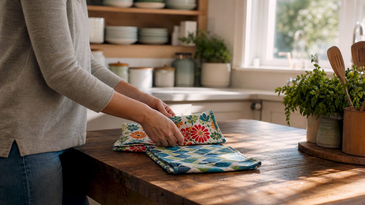 Hands styling kitchen textiles and accessories