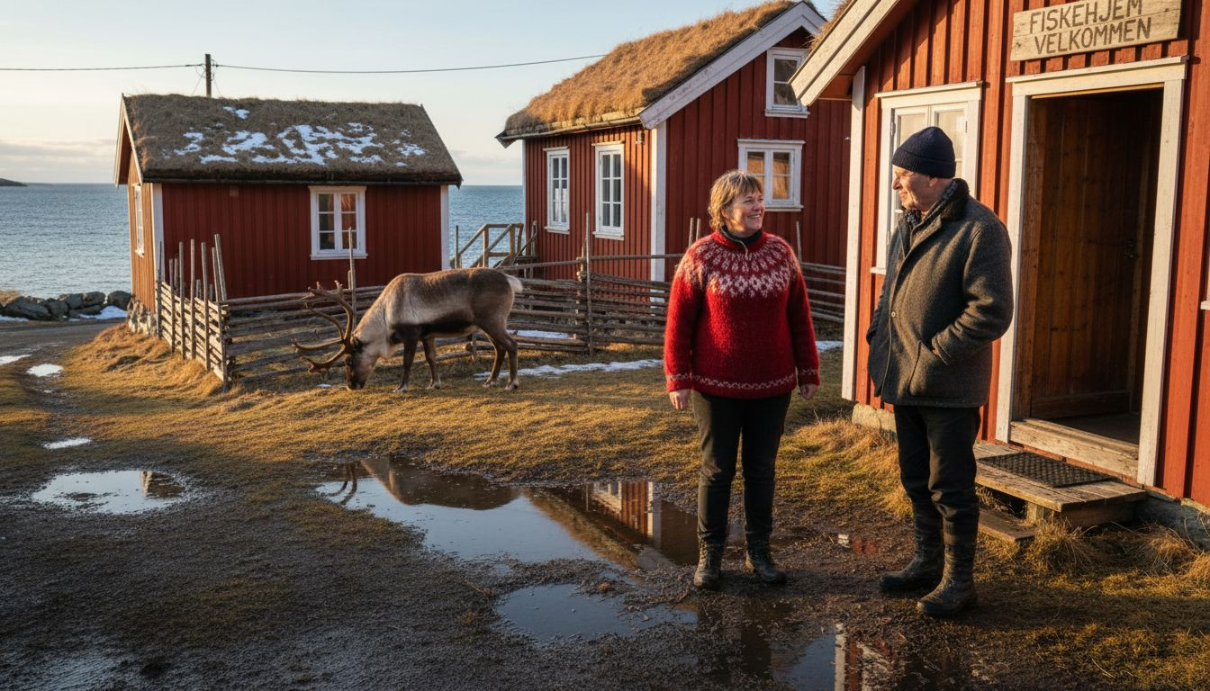 Locals conversing outside wooden cabins in Norway