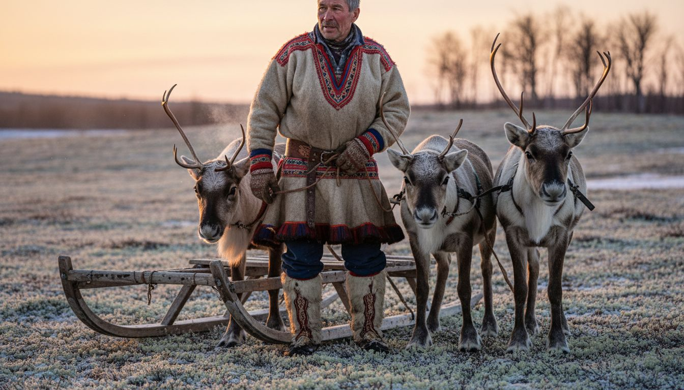 Sámi herder guiding reindeer on snowy tundra