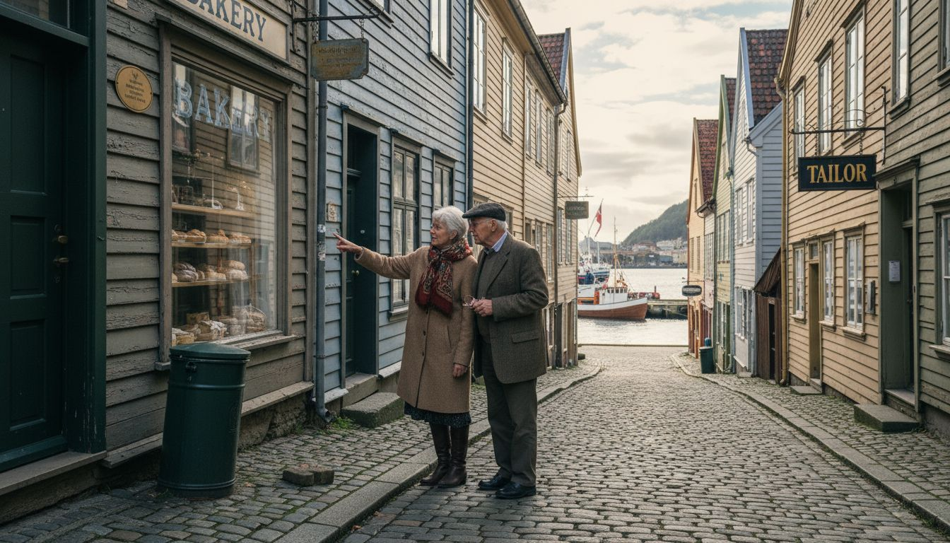 Couple exploring historic Norwegian street scene