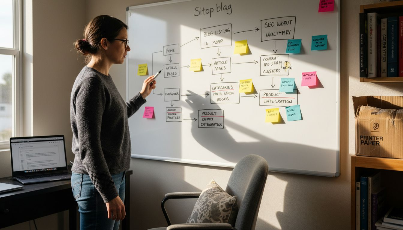 Woman auditing blog structure with whiteboard sitemap