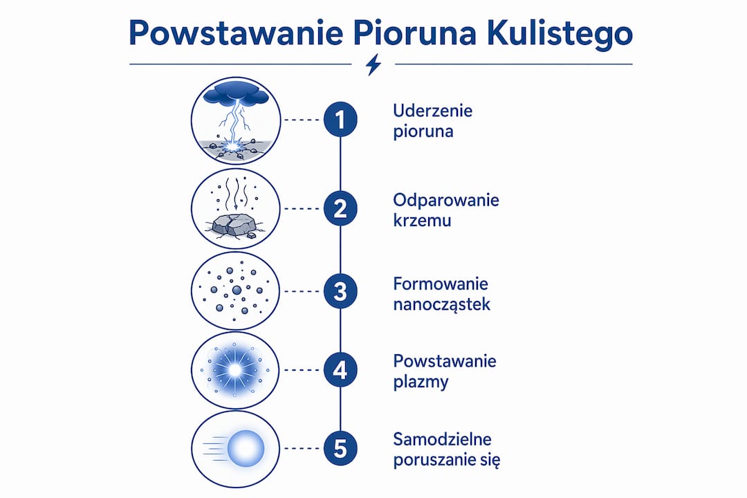 Grafika ilustrująca, jak krok po kroku powstaje piorun kulisty