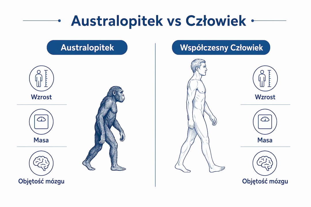 Grafika przedstawiająca zestawienie najważniejszych cech australopiteka i człowieka współczesnego