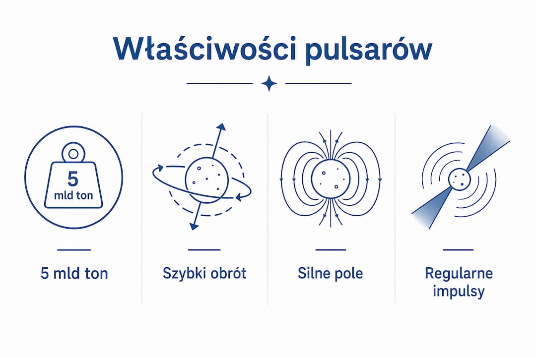 Grafika przedstawiająca najważniejsze cechy pulsarów w pigułce