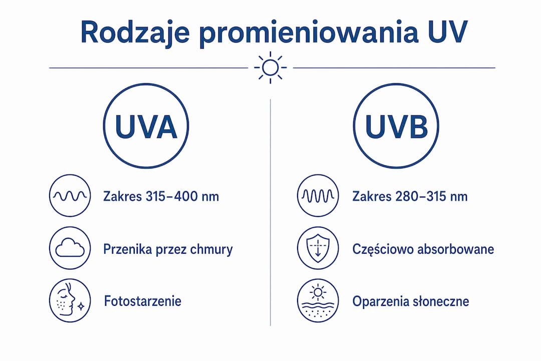 Grafika pokazująca, jak różne typy promieniowania UV wpływają na nasze zdrowie