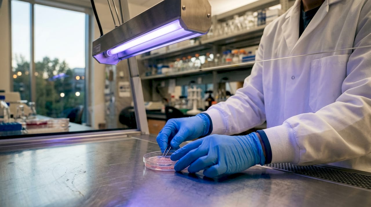 Laborant naświetla komórki skóry promieniowaniem UV w warunkach laboratoryjnych.