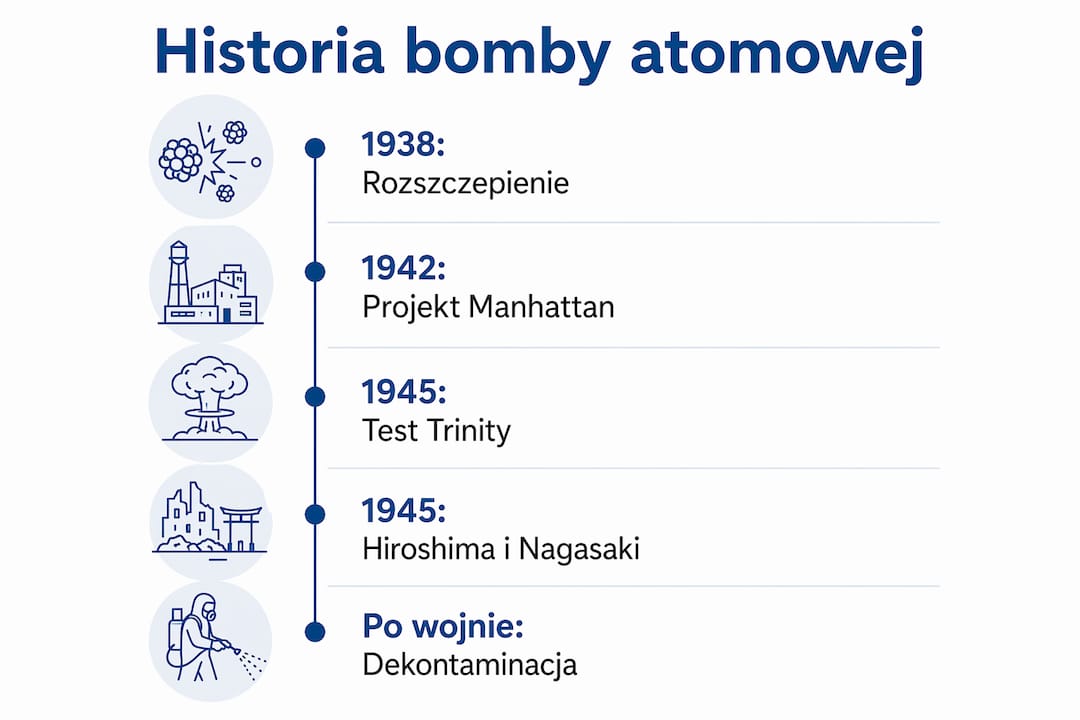 Grafika ilustrująca kluczowe momenty w dziejach bomby atomowej