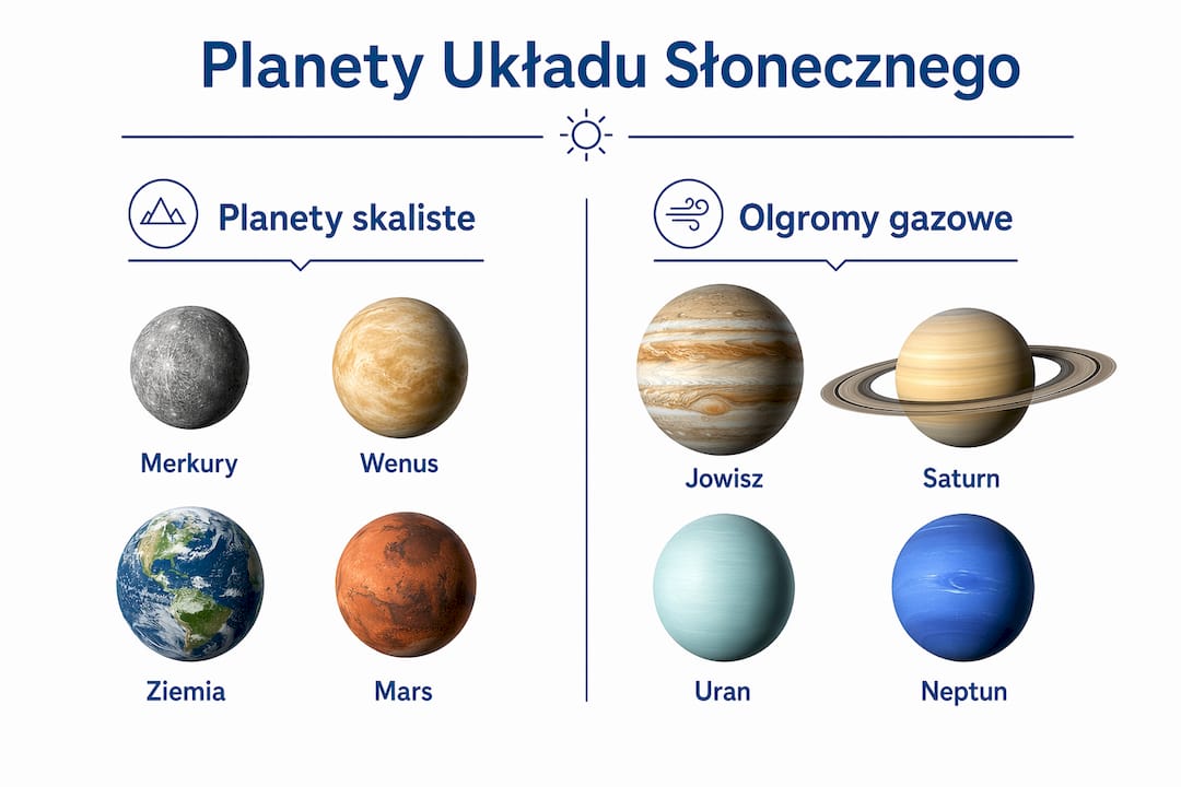 Grafika przedstawiająca różnice między planetami skalistymi a gazowymi gigantami