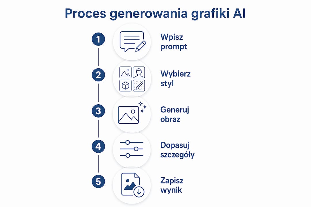 Infografika pokazująca, jak w 5 krokach powstaje grafika generowana przez sztuczną inteligencję