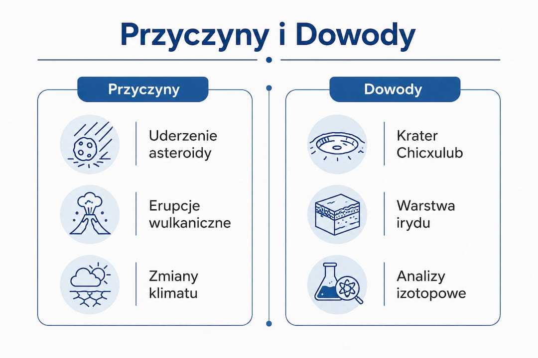Infografika ukazująca, jakie były przyczyny wyginięcia dinozaurów oraz jakie dowody na to znajdują naukowcy.